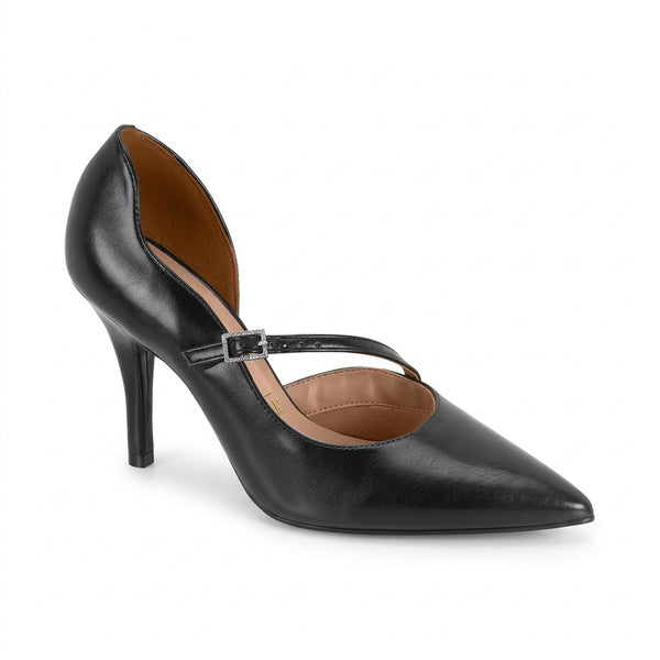 Scarpin Vizzano Preto Bico Fino Tira com Fivela