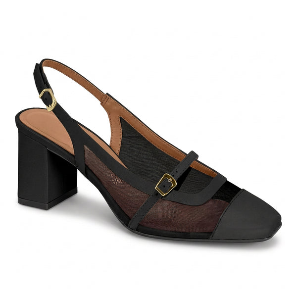 Slingback Vizzano Preto Tela Bico Quadrado Salto Bloco