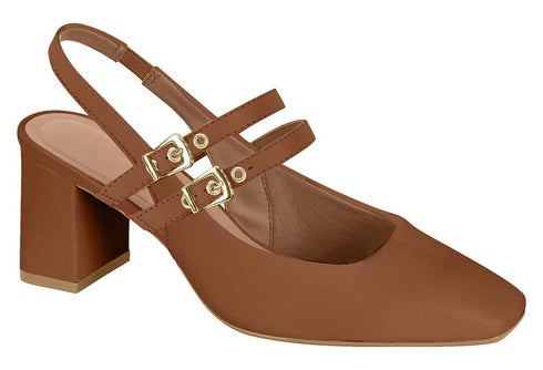 Slingback Vizzano Mocha Duas Fivelas Bico Quadrado Salto Bloco
