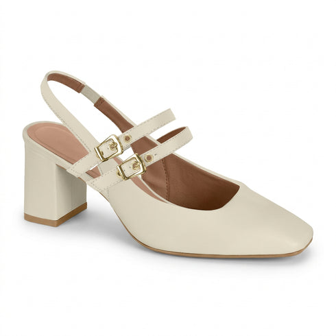 Slingback Vizzano Off White Duas Fivelas Bico Quadrado Salto Bloco