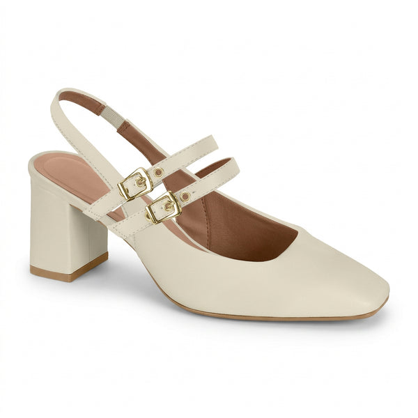 Slingback Vizzano Off White Duas Fivelas Bico Quadrado Salto Bloco