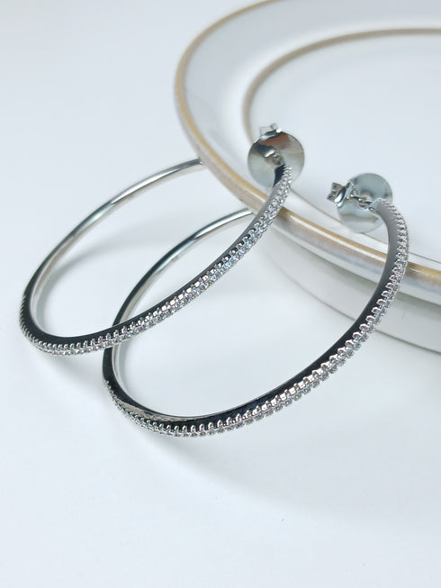Studded Hoop Earrings, Large, Rhodium