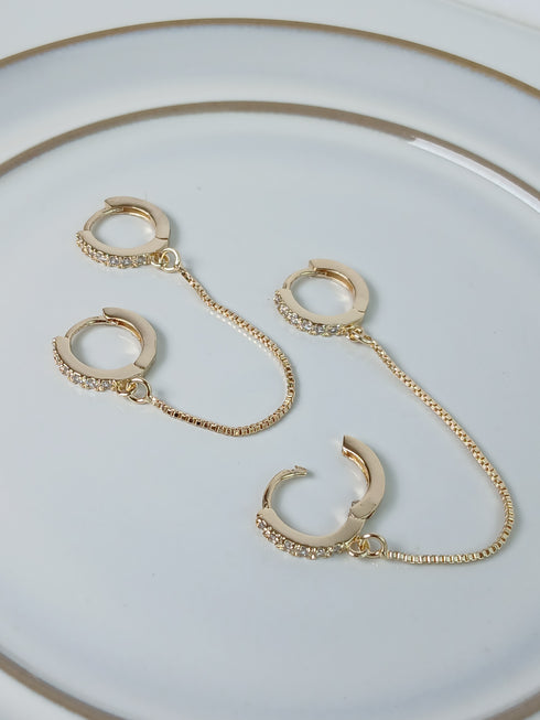 Gold Double Hoop Earrings with Chain