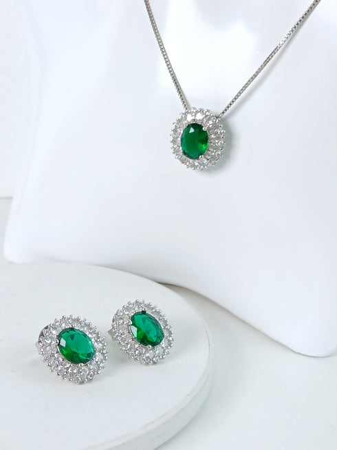 Green Stone Pendant Necklace and Earrings Set