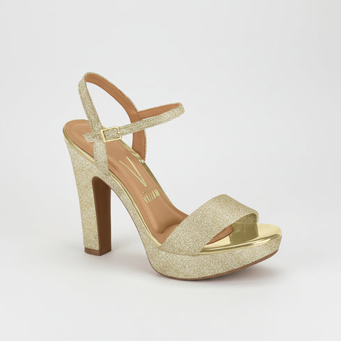 Sandália Vizzano Dourada Meia Pata Salto Grosso 12cm