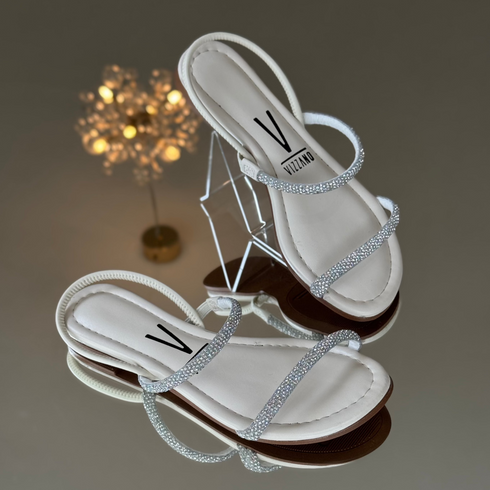Sandália Rasteira Vizzano Off White com Tiras Strass e Elástico